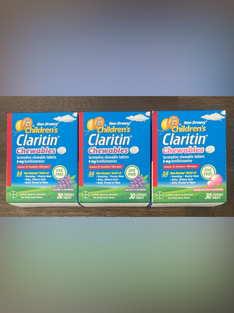 NEW Lot of 3 Claritin Childrens Chewable Tablets 30ct (90 Total) 1 B/Gum 2 Grape